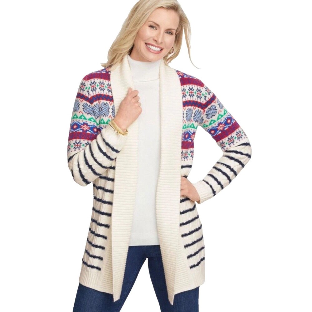 Talbots Cable Knit Open Front Cardigan Sweater Womens XL Shawl Collar Nordic